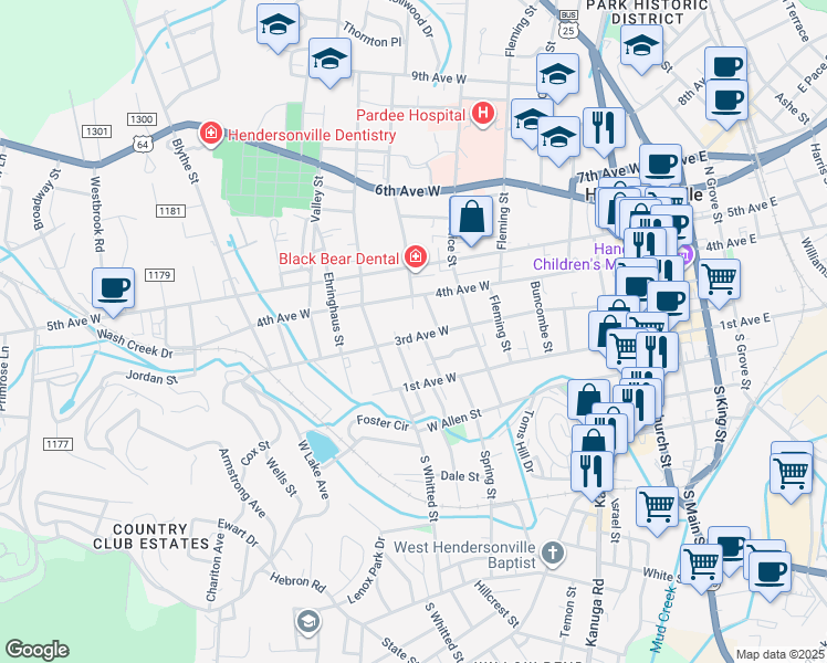map of restaurants, bars, coffee shops, grocery stores, and more near 821 3rd Avenue West in Hendersonville