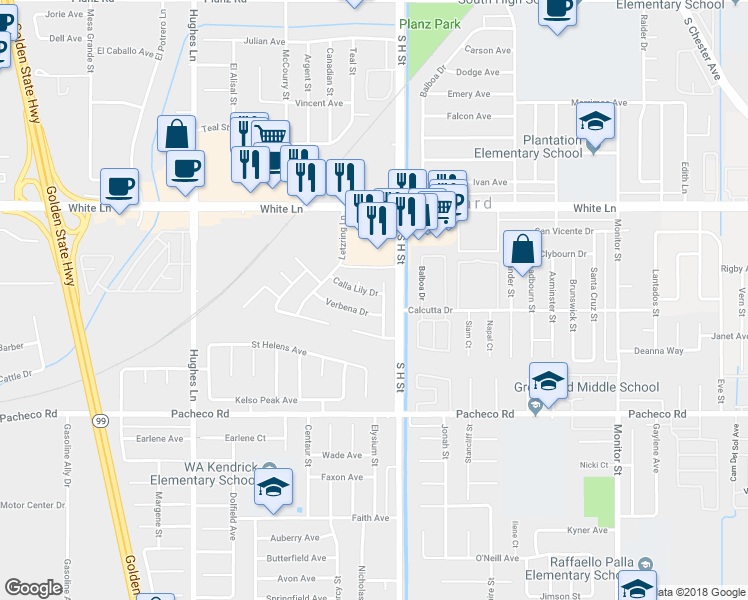 map of restaurants, bars, coffee shops, grocery stores, and more near 1807 Calla Lily Drive in Bakersfield