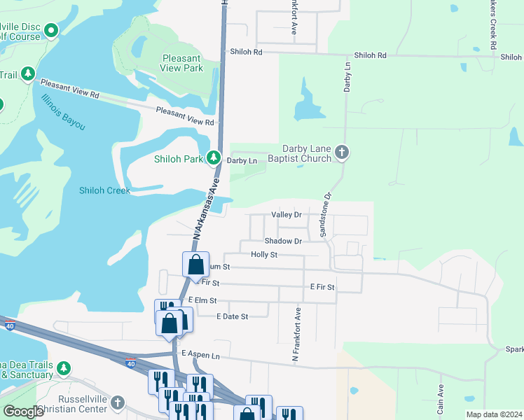 map of restaurants, bars, coffee shops, grocery stores, and more near 415 Valley Drive in Russellville