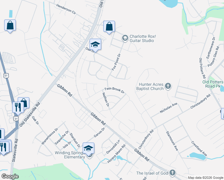 map of restaurants, bars, coffee shops, grocery stores, and more near 5904 Twin Brook Drive in Charlotte