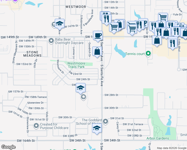 map of restaurants, bars, coffee shops, grocery stores, and more near 1008 Southwest 23rd Street in Moore