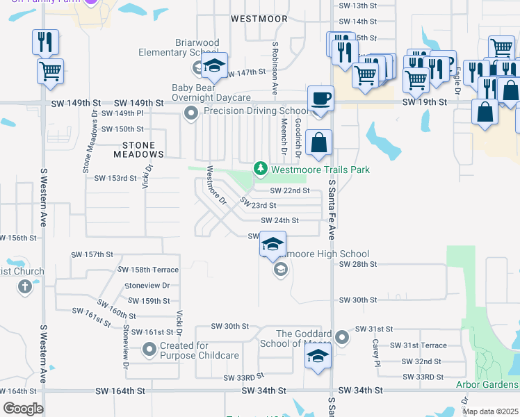 map of restaurants, bars, coffee shops, grocery stores, and more near 1414 Southwest 23rd Street in Oklahoma City