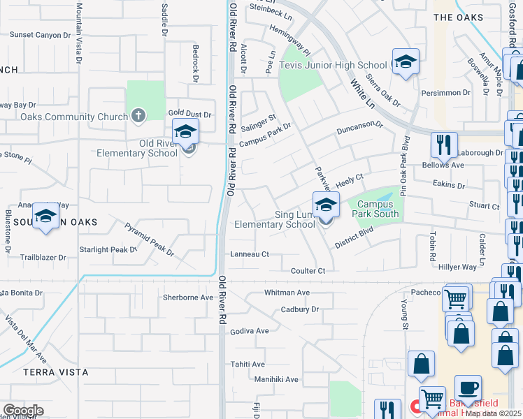 map of restaurants, bars, coffee shops, grocery stores, and more near 9501 Chatfield Court in Bakersfield