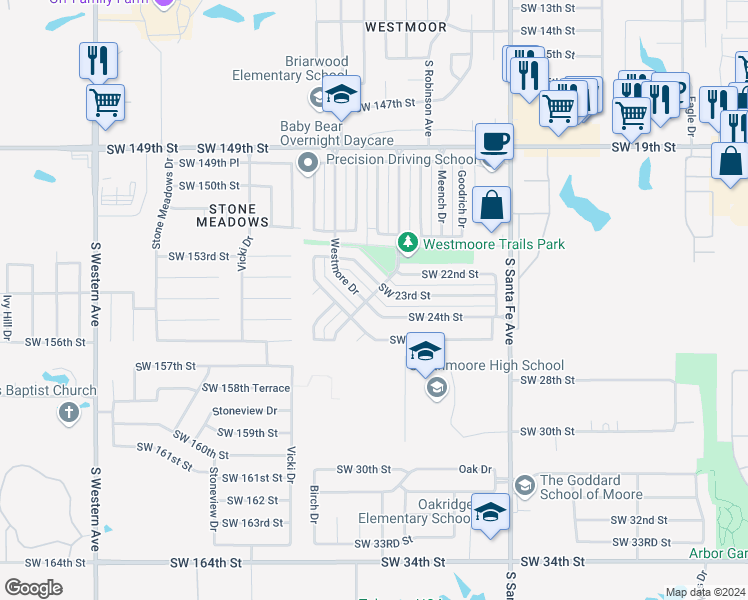 map of restaurants, bars, coffee shops, grocery stores, and more near 1431 Westmore Drive in Moore