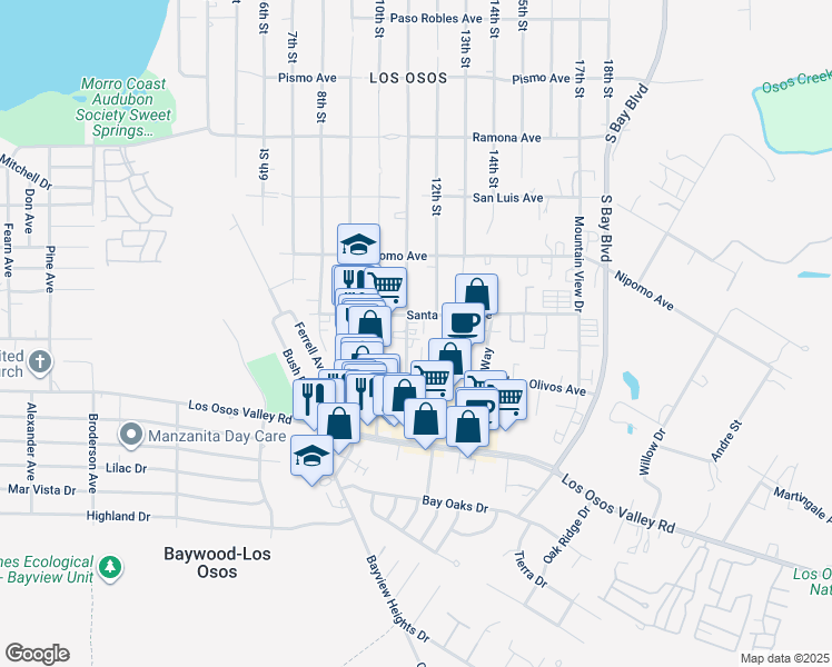 map of restaurants, bars, coffee shops, grocery stores, and more near 2026 11th Street in Baywood-Los Osos
