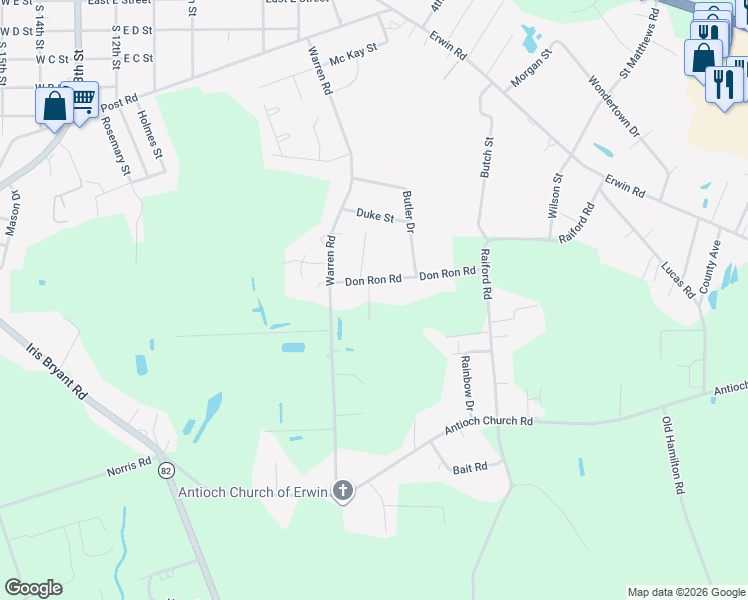map of restaurants, bars, coffee shops, grocery stores, and more near 124 Don Ron Road in Erwin