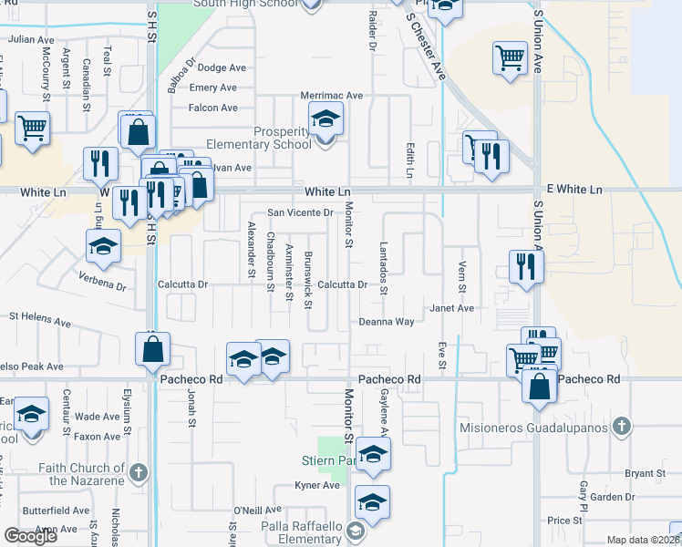 map of restaurants, bars, coffee shops, grocery stores, and more near 4413 Monitor Street in Bakersfield