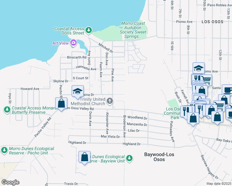 map of restaurants, bars, coffee shops, grocery stores, and more near 520 Rosina Drive in Baywood-Los Osos
