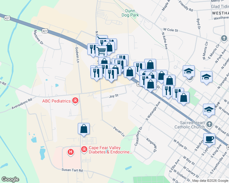 map of restaurants, bars, coffee shops, grocery stores, and more near 601 Erwin Rd in Dunn
