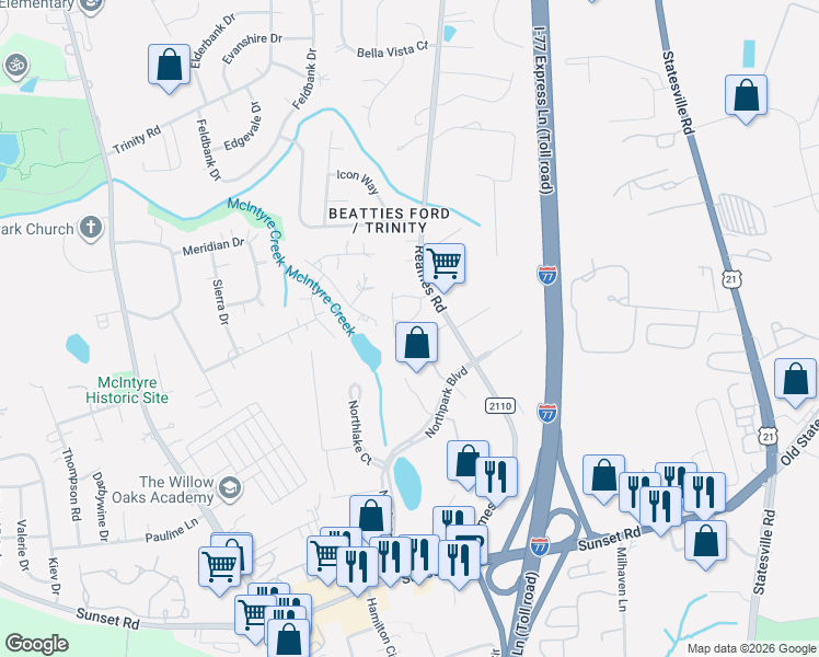 map of restaurants, bars, coffee shops, grocery stores, and more near in Charlotte