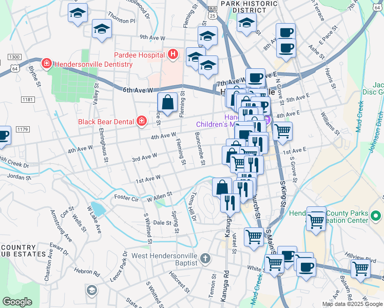 map of restaurants, bars, coffee shops, grocery stores, and more near 510 3rd Avenue West in Hendersonville