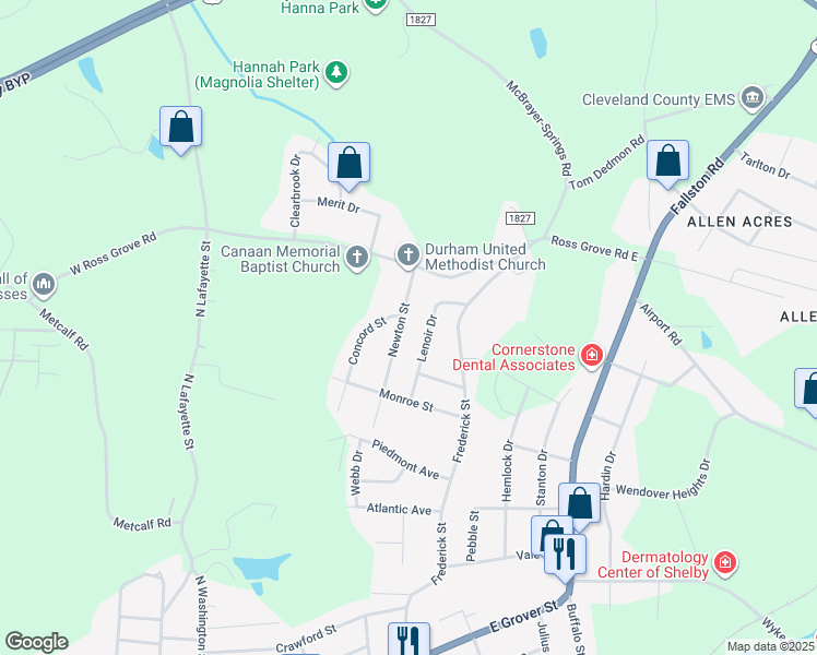 map of restaurants, bars, coffee shops, grocery stores, and more near 1334 Newton Street in Shelby