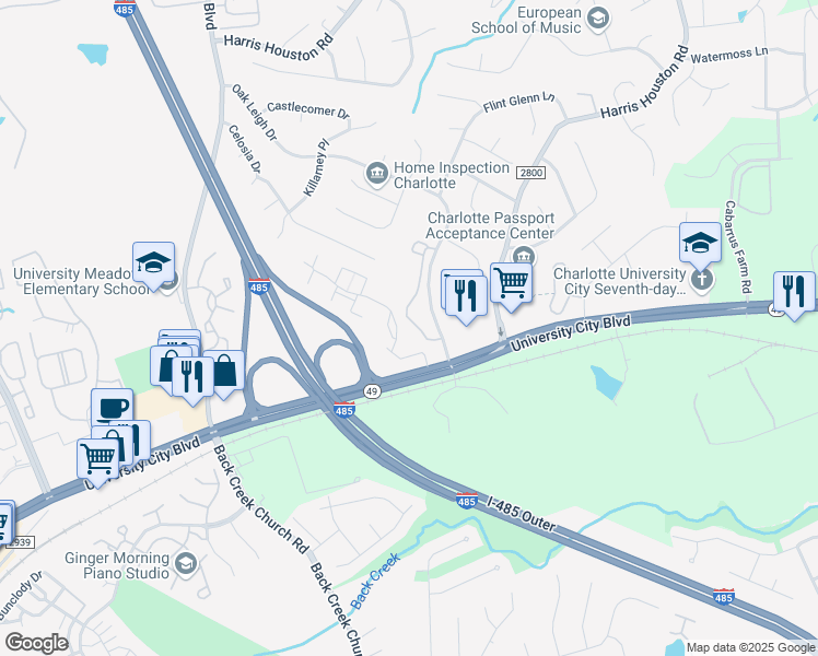 map of restaurants, bars, coffee shops, grocery stores, and more near 1817 Wexford Meadows Lane in Charlotte