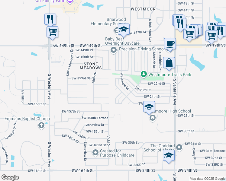 map of restaurants, bars, coffee shops, grocery stores, and more near 1809 Southwest 24th Street in Moore