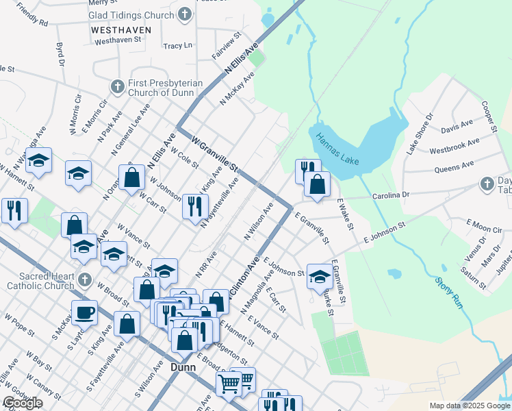 map of restaurants, bars, coffee shops, grocery stores, and more near 105 East Cole Street in Dunn