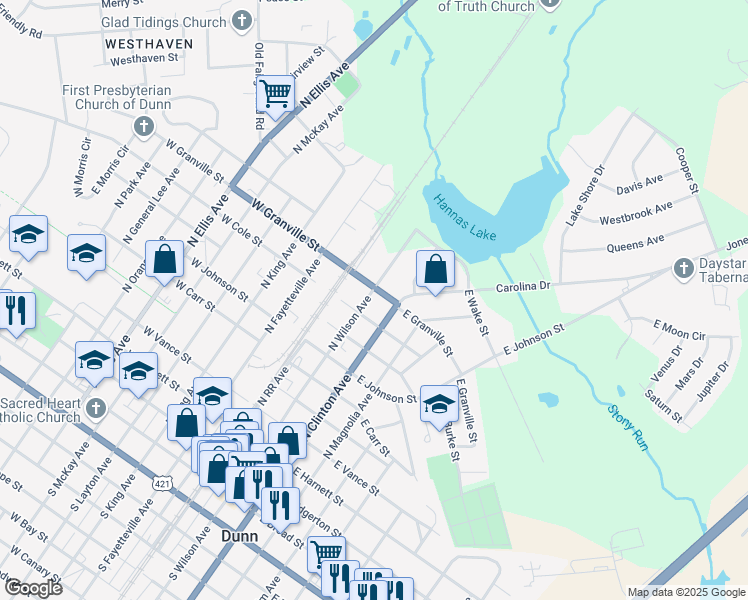 map of restaurants, bars, coffee shops, grocery stores, and more near 908 North Wilson Avenue in Dunn