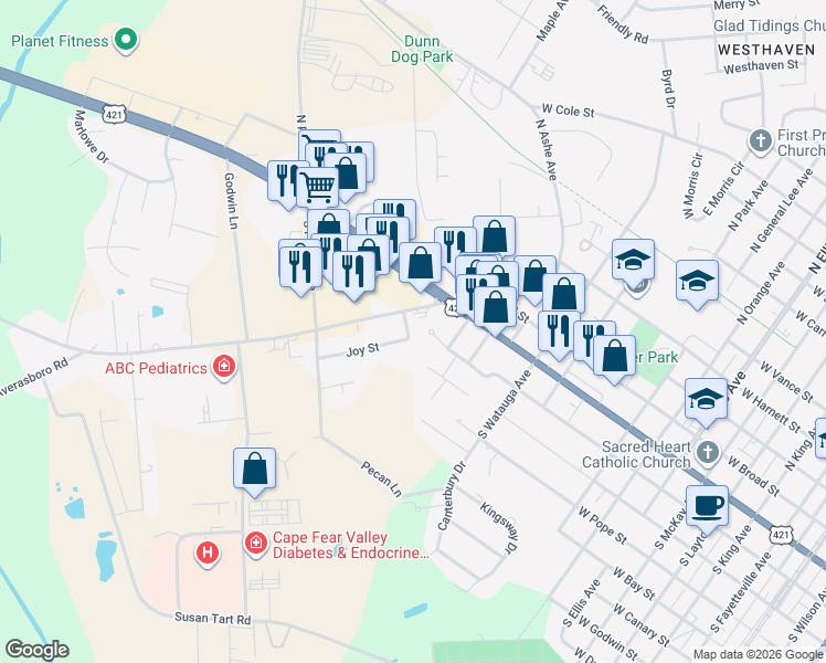 map of restaurants, bars, coffee shops, grocery stores, and more near 110 Sue Avenue in Dunn
