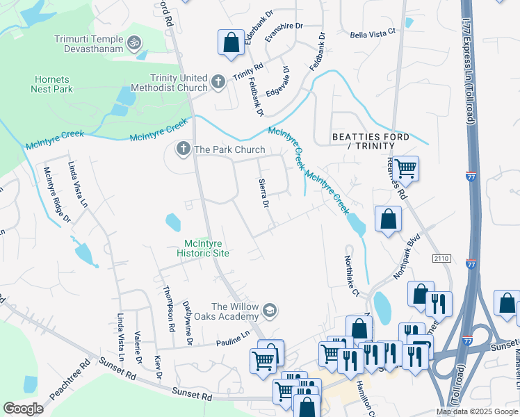 map of restaurants, bars, coffee shops, grocery stores, and more near 5933 Sierra Drive in Charlotte