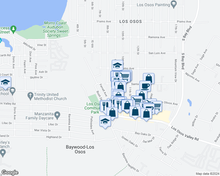 map of restaurants, bars, coffee shops, grocery stores, and more near 2020 8th Street in Baywood-Los Osos