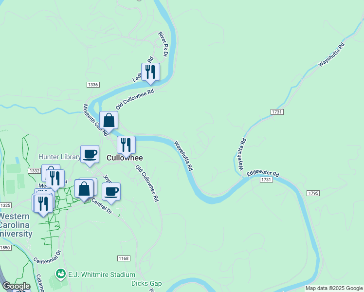 map of restaurants, bars, coffee shops, grocery stores, and more near 389 Wayehutta Road in Cullowhee