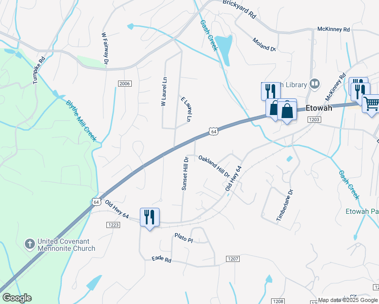 map of restaurants, bars, coffee shops, grocery stores, and more near 106 Sunset Hill Drive in Etowah