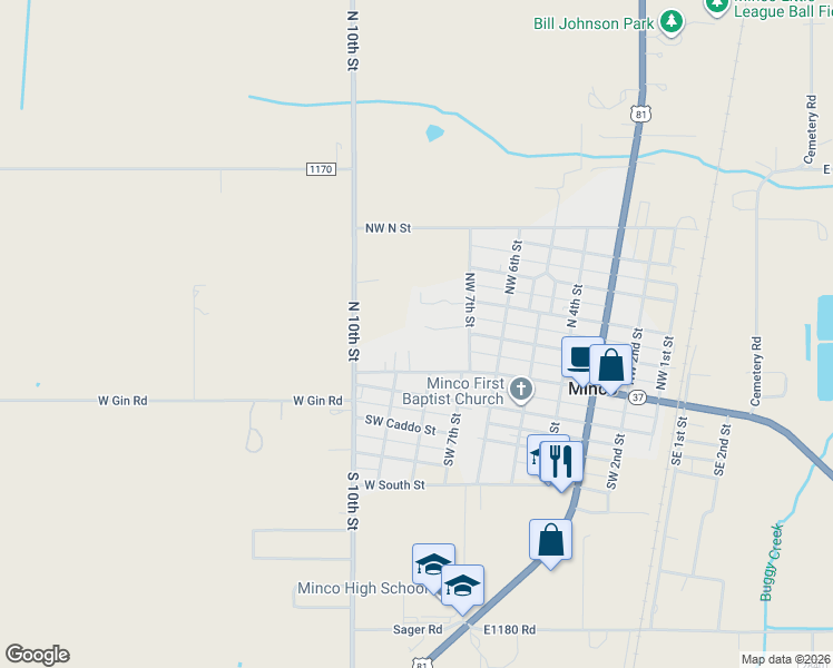 map of restaurants, bars, coffee shops, grocery stores, and more near 719 NW Belle St in Minco