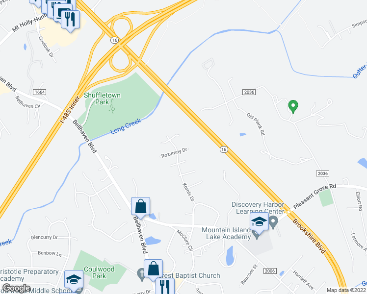 map of restaurants, bars, coffee shops, grocery stores, and more near 8618 Rozumny Drive in Charlotte