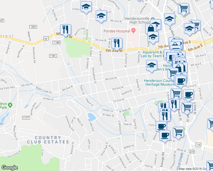 map of restaurants, bars, coffee shops, grocery stores, and more near 318 North Whitted Street in Hendersonville