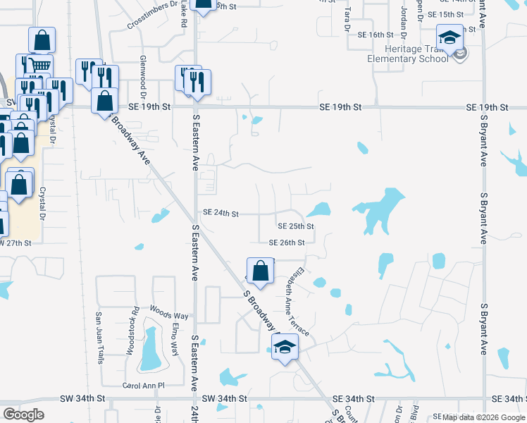 map of restaurants, bars, coffee shops, grocery stores, and more near 2416 Port Rush Drive in Moore