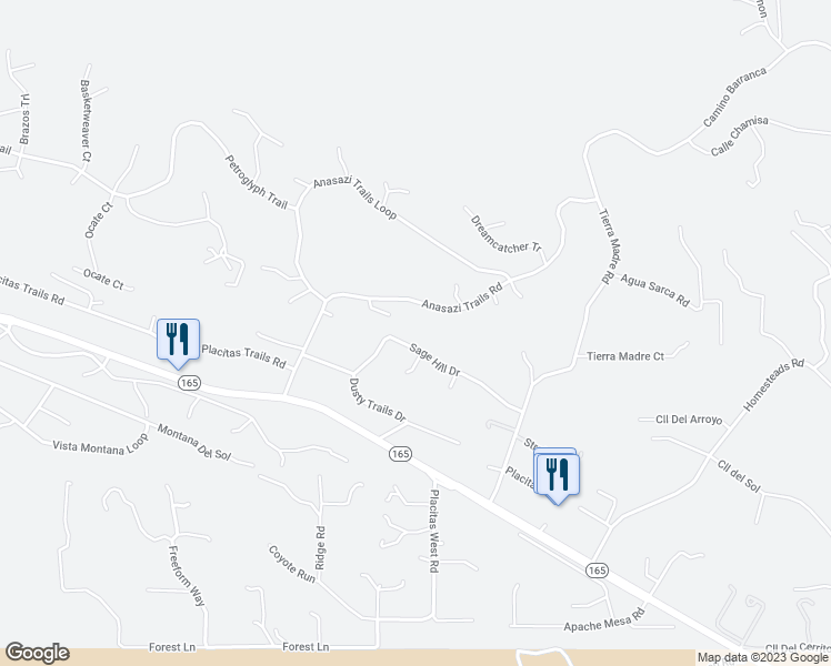 map of restaurants, bars, coffee shops, grocery stores, and more near 17 Sage Hill Drive in Placitas
