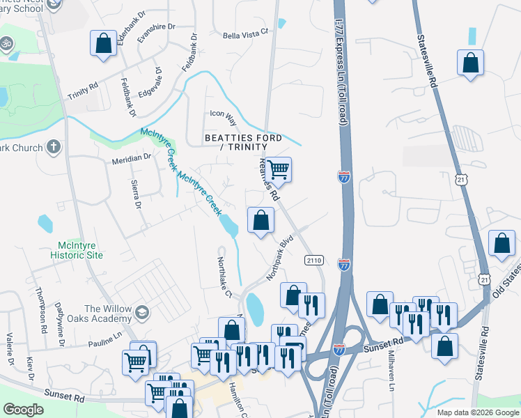 map of restaurants, bars, coffee shops, grocery stores, and more near 8113 Murray Branch Drive in Charlotte
