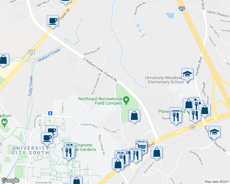 map of restaurants, bars, coffee shops, grocery stores, and more near John Kirk Dr & Campus Walk Ln in Charlotte