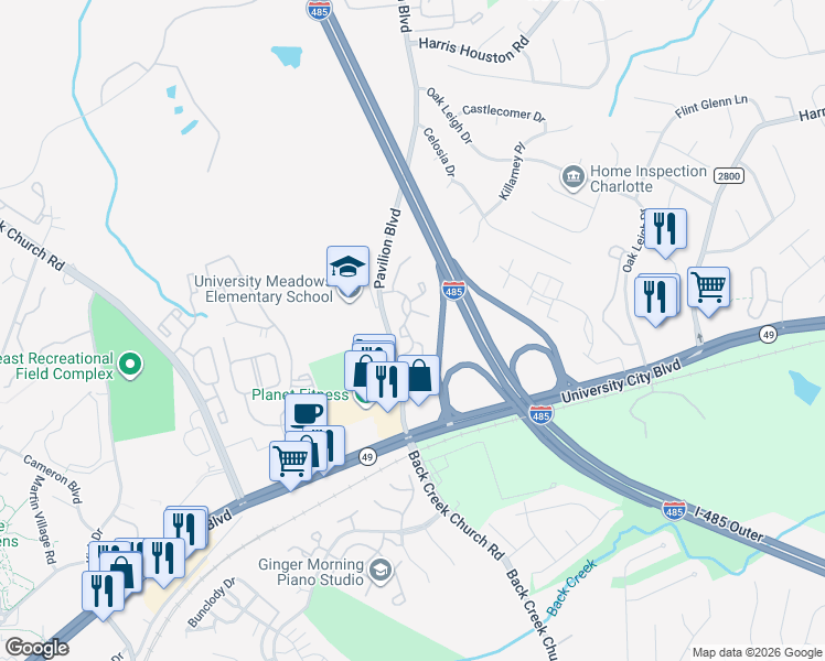 map of restaurants, bars, coffee shops, grocery stores, and more near 10425 Wheatside Drive in Charlotte