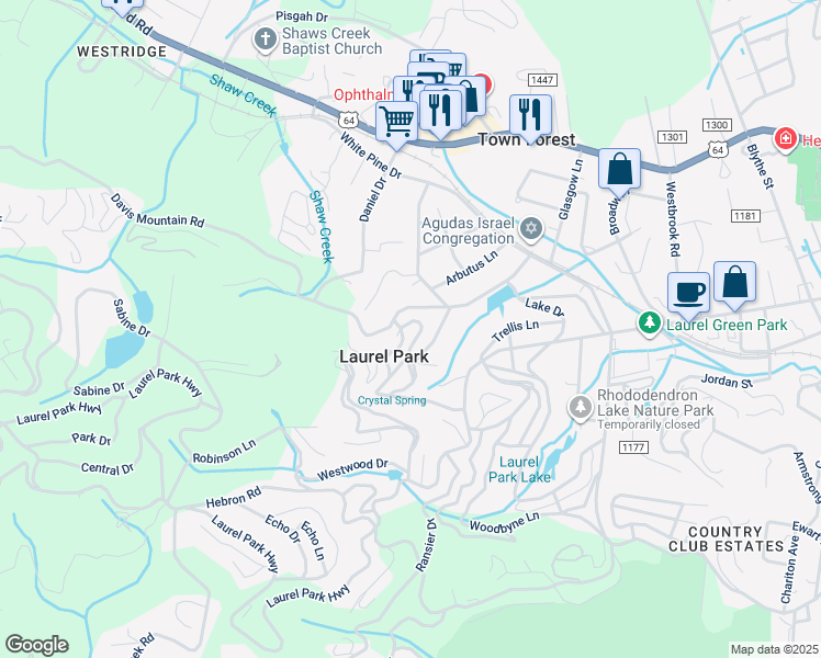 map of restaurants, bars, coffee shops, grocery stores, and more near 540 Walnut Loop Road in Laurel Park