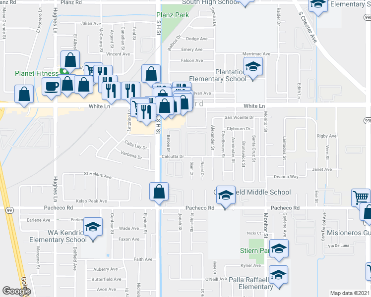 map of restaurants, bars, coffee shops, grocery stores, and more near 4410 Palmacia Drive in Bakersfield