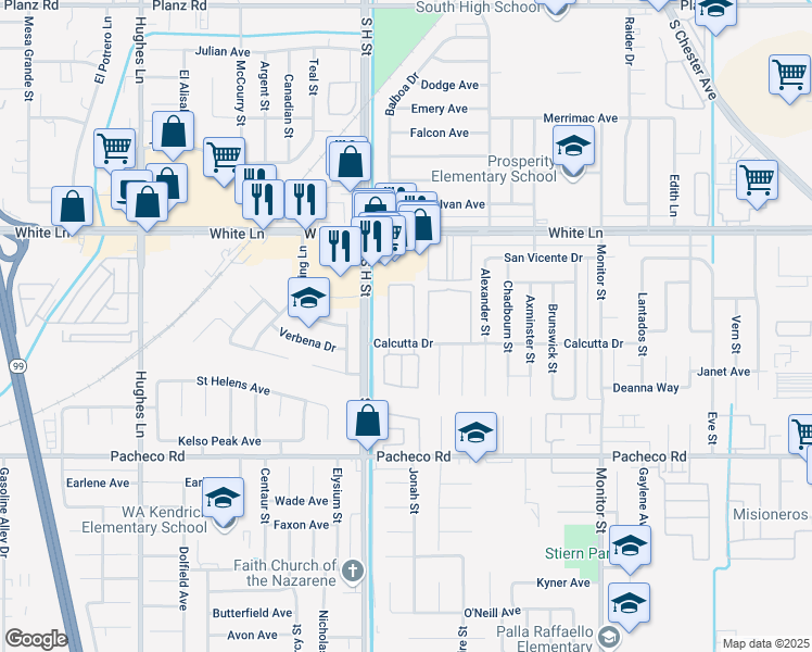 map of restaurants, bars, coffee shops, grocery stores, and more near 4410 Palmacia Drive in Bakersfield