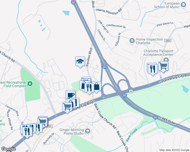 map of restaurants, bars, coffee shops, grocery stores, and more near 10425 Wheatside Drive in Charlotte