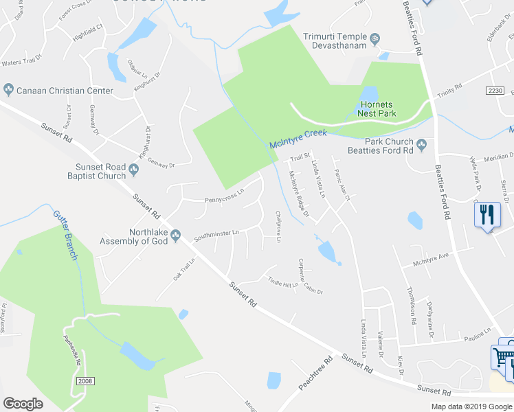 map of restaurants, bars, coffee shops, grocery stores, and more near 5722 Southminster Lane in Charlotte
