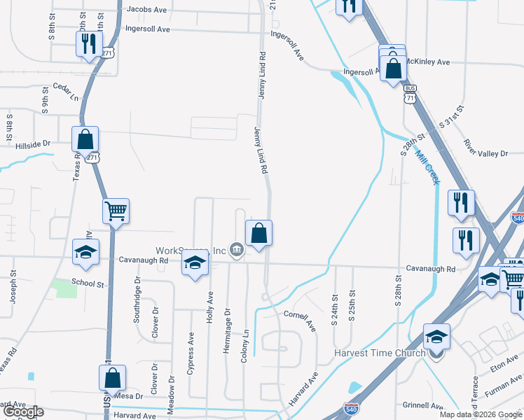 map of restaurants, bars, coffee shops, grocery stores, and more near 7300 Jenny Lind Road in Fort Smith