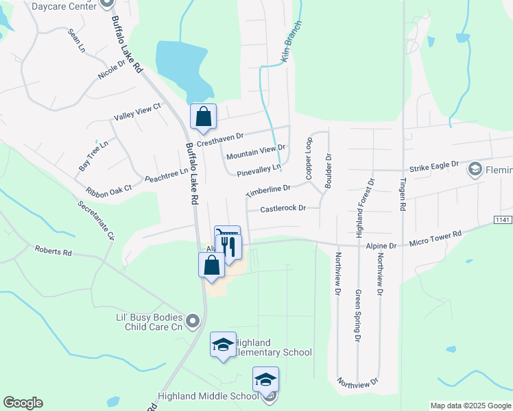 map of restaurants, bars, coffee shops, grocery stores, and more near 35 Castle Rock Drive in Sanford