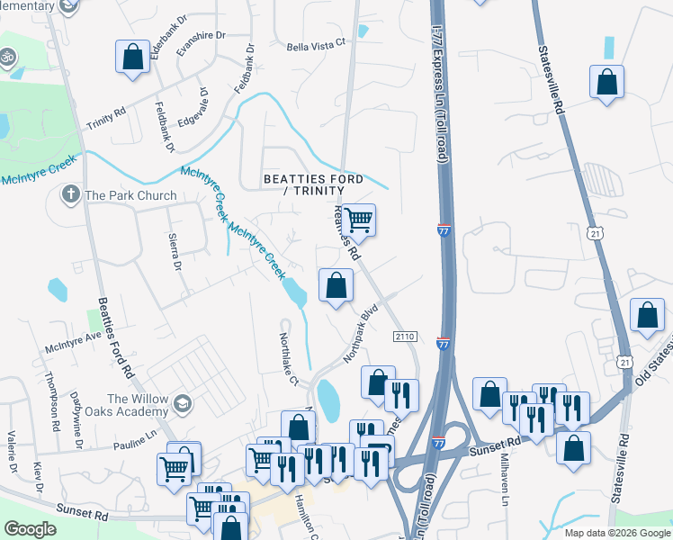 map of restaurants, bars, coffee shops, grocery stores, and more near in Charlotte