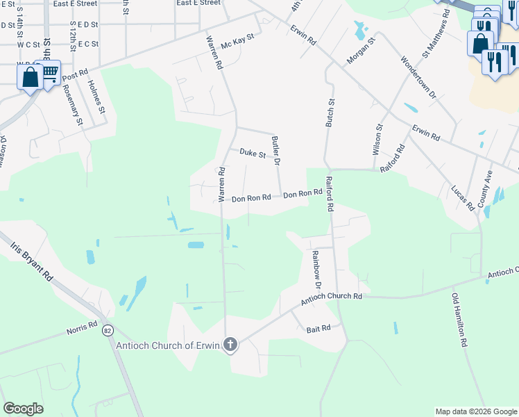 map of restaurants, bars, coffee shops, grocery stores, and more near 124 Don Ron Road in Erwin