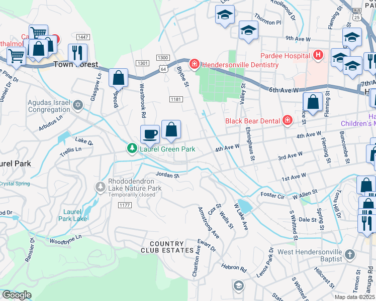 map of restaurants, bars, coffee shops, grocery stores, and more near 412 Jordan Street in Hendersonville