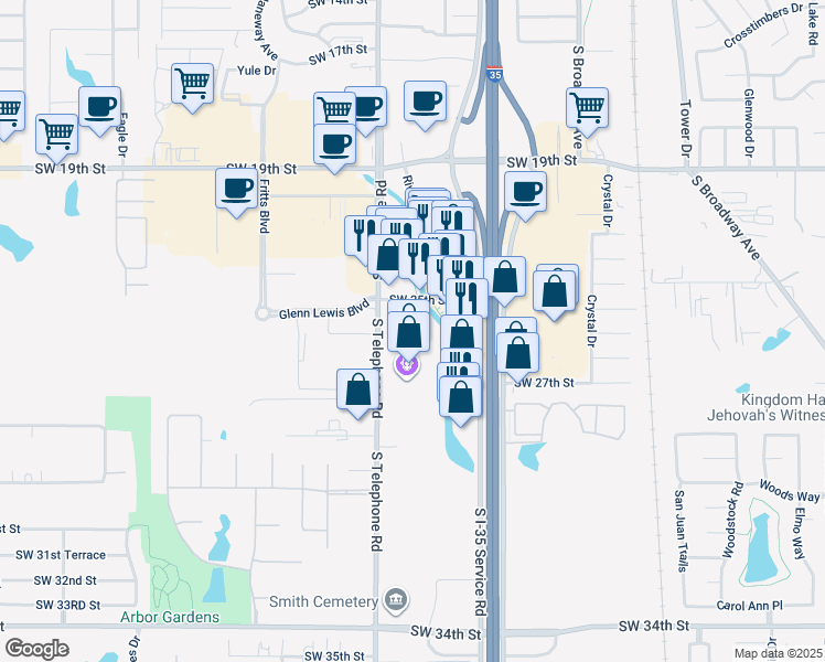 map of restaurants, bars, coffee shops, grocery stores, and more near 2600 South Telephone Road in Moore