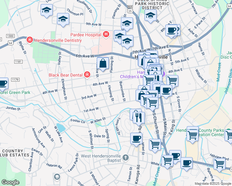 map of restaurants, bars, coffee shops, grocery stores, and more near 522 3rd Avenue West in Hendersonville