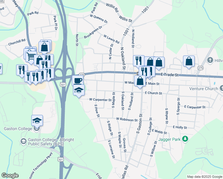 map of restaurants, bars, coffee shops, grocery stores, and more near 105 South Maple Street in Dallas