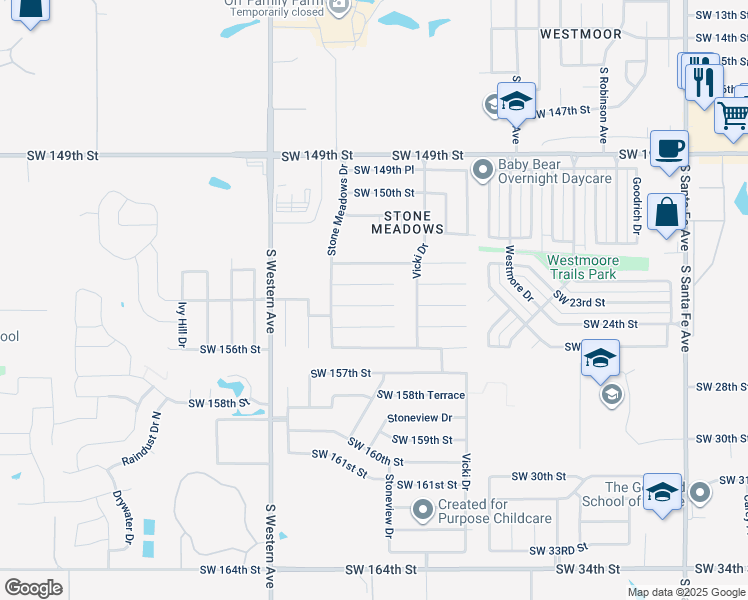 map of restaurants, bars, coffee shops, grocery stores, and more near 701 Southwest 155th Place in Oklahoma City