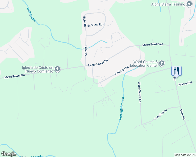 map of restaurants, bars, coffee shops, grocery stores, and more near 105 Cherokee Lane in Lillington