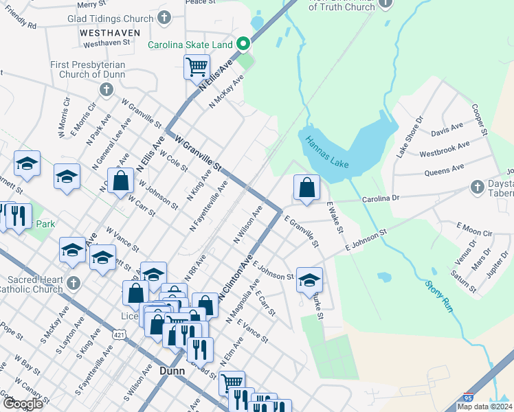 map of restaurants, bars, coffee shops, grocery stores, and more near 909 North Wilson Avenue in Dunn
