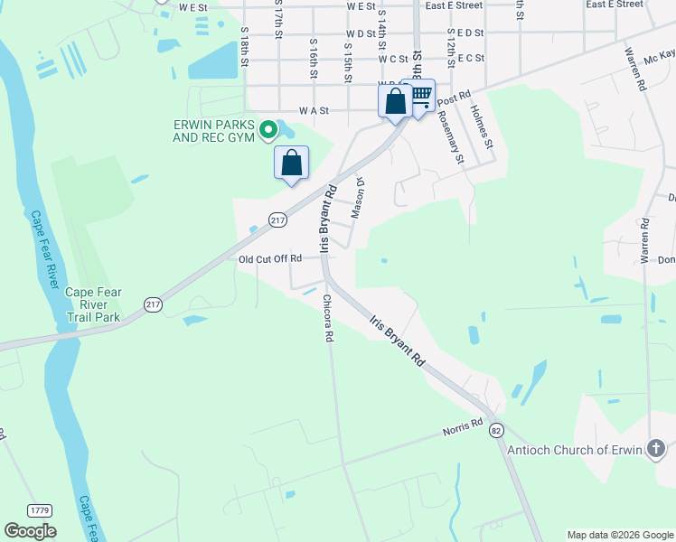 map of restaurants, bars, coffee shops, grocery stores, and more near 291 Iris Bryant Road in Erwin